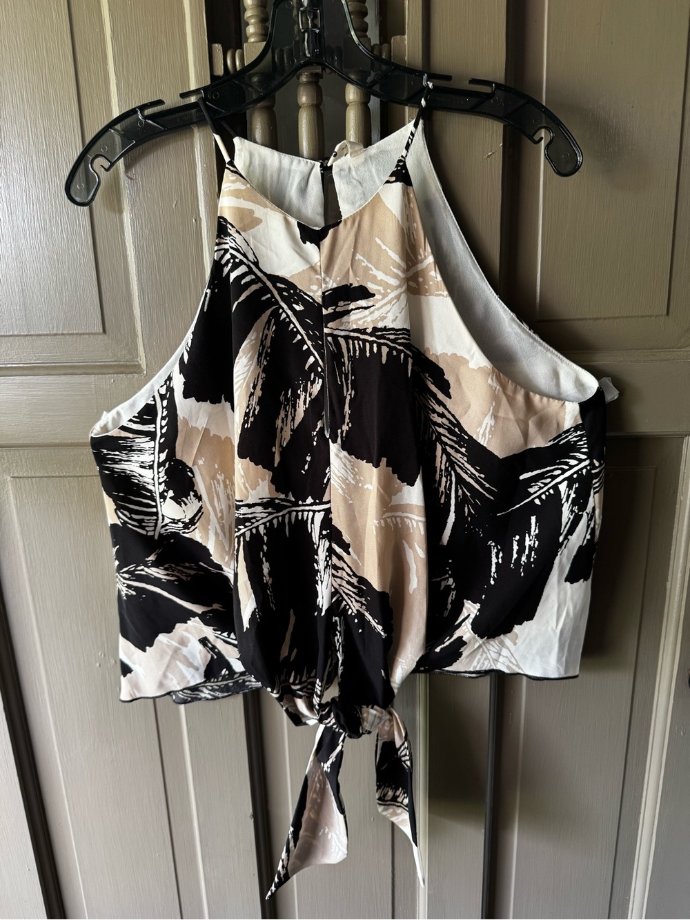 Tyche Abstract Palm-Print Tie-Front Crop Top in Black, White & Beige